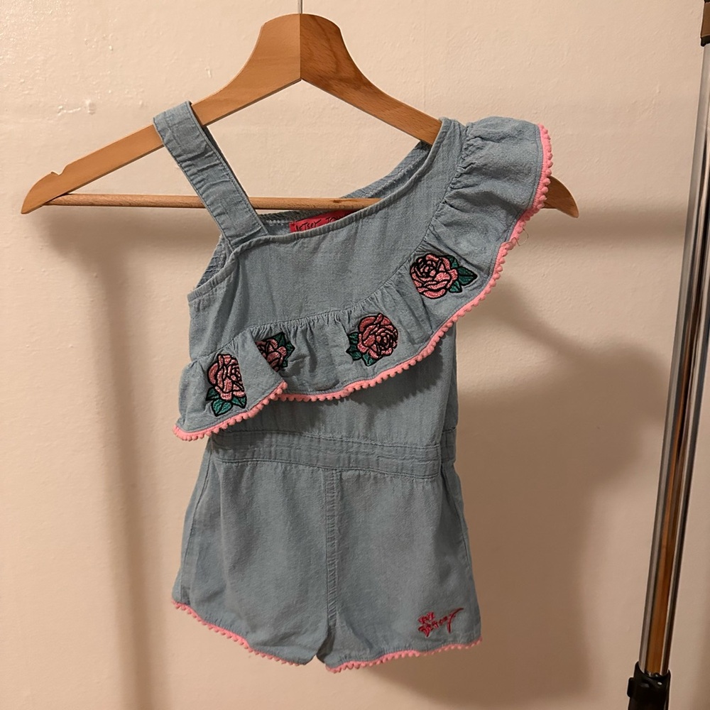 Betsey Johnson Toddler Denim Romper with Floral Accents